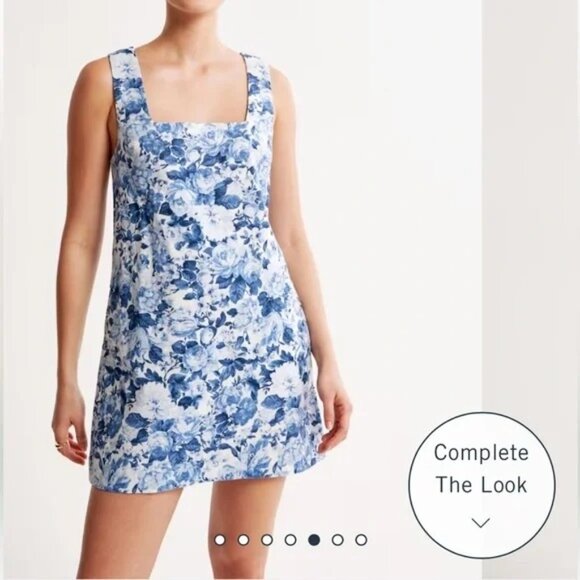 Abercrombie & Fitch Blue Floral Print Square Neck Linen/Cotton Mini Dress M Tall - Picture 1 of 9